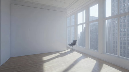 An empty office space featuring large windows offering a bright and airy atmosphere. Ideal for showcasing modern design and urban environments.の素材