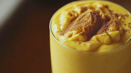 A close-up of a delicious, creamy mango smoothie topped with a sprinkle of cinnamon. Perfect for a refreshing snack or a healthy breakfast choice.の素材
