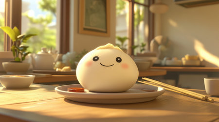 A cheerful dumpling sits on a plate in a bright kitchen, exuding warmth and joy. Ideal for food lovers, this image captures culinary culture beautifully.の素材