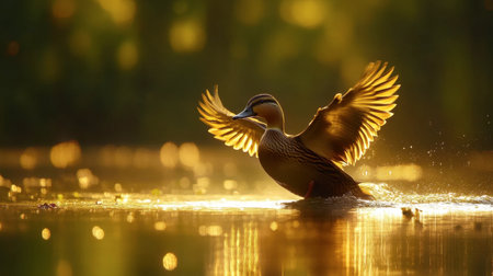 A stunning duck gracefully spreads its wings in a serene pond at sunset, creating a beautiful silhouette against the golden light, capturing the essence of tranquility in nature.の素材