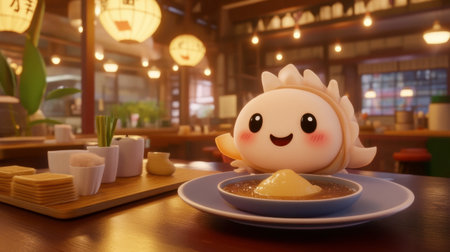 An adorable dumpling character smiles joyfully in a cozy restaurant, complete with an inviting ambiance, delicious food, and cheerful decor, perfect for food lovers.の素材