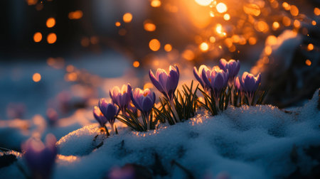 Beautiful crocuses bloom through the snow at sunset, showcasing delicate petals in vibrant colors. This peaceful scene captures the essence of spring's arrival.の素材