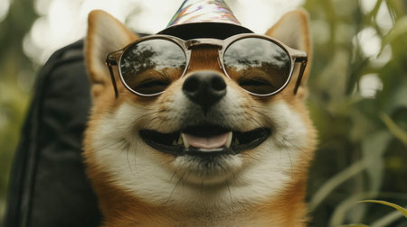 A joyful dog wearing sunglasses and a party hat poses in an outdoor setting, radiating happiness and playfulness. Perfect for pet lovers and celebration themes.の素材