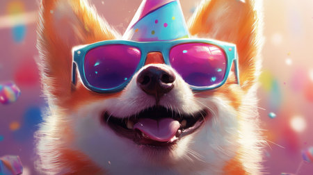A carefree dog wearing a party hat and colorful sunglasses, embodying joy and celebration. Perfect for themes of fun and companionship.の素材
