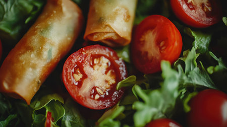 Close-up view of fresh spring rolls and ripe cherry tomatoes on a bed of vibrant green salad leaves, highlighting healthy eating and delicious flavors.の素材
