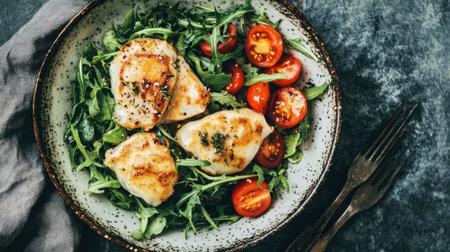 A delicious chicken salad featuring tender chicken pieces, fresh arugula, and vibrant cherry tomatoes, perfect for a healthy meal or outdoor dining.の素材