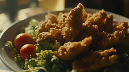 A mouthwatering plate of crispy fried chicken served on a bed of fresh salad with vibrant tomatoes. Perfect for a delightful meal or celebration!の素材