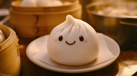 This adorable steamed bun features a charming smile and soft texture. Perfect for showcasing cute food art, this image evokes warmth and joy.の素材
