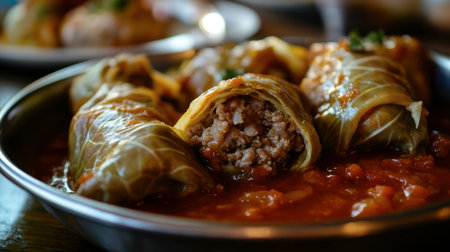 Indulge in these savory cabbage rolls filled with seasoned meat and served in a rich tomato sauce, perfect for a comforting meal any time.の素材