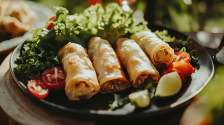A vibrant plate featuring crispy spring rolls accompanied by fresh greens, colorful tomatoes, and lime, perfect for a healthy meal or snack option.の素材