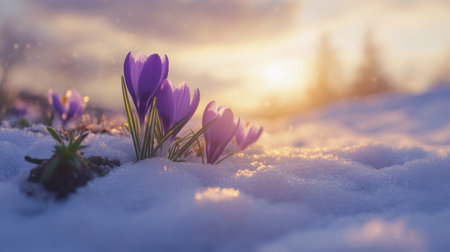 Vibrant crocuses bloom through melting snow, signaling the arrival of spring. This serene scene captures the delicate beauty of nature at sunrise.の素材