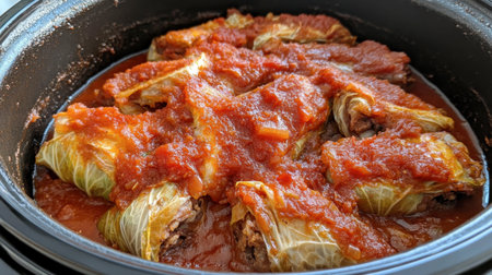 A close-up view of savory cabbage rolls nestled in rich tomato sauce, showcasing a delicious homemade dish perfect for any meal occasion.の素材