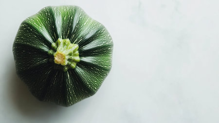 A fresh green squash showcases its natural beauty against a marble background. Ideal for culinary projects, this image captures the essence of healthy eating and seasonal produce.の素材