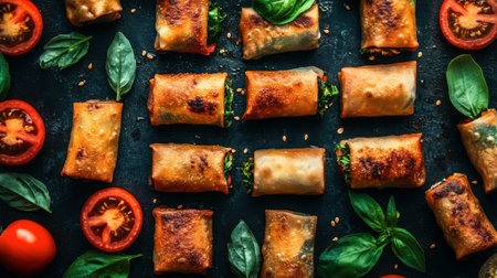 A vibrant display of crispy spring rolls surrounded by fresh tomatoes and basil. Perfect for appetizers, snacks, or vegetarian meals. Enjoy the flavors!の素材