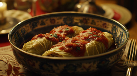 A beautifully presented dish of cabbage rolls topped with tomato sauce, perfect for a cozy dinner or family gathering, showcasing rustic culinary charm.の素材