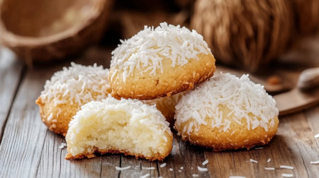 Enjoy a close-up view of fluffy coconut macaroons, beautifully presented on a rustic wooden table. Perfect treat for any occasion or dessert table.の素材