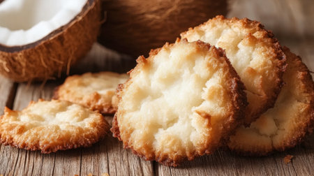 A tempting arrangement of coconut cookies on a rustic wooden surface, showcasing their golden-brown texture and inviting appearance, perfect for food lovers.の素材