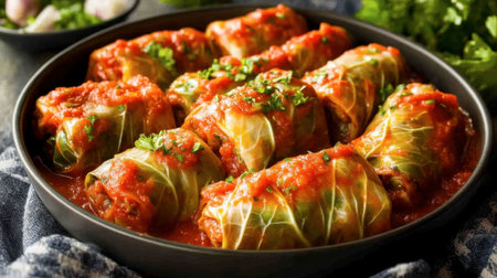 These savory cabbage rolls are stuffed with a flavorful filling, topped with rich tomato sauce, and garnished with fresh herbs, perfect for any meal.の素材