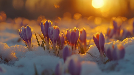 A stunning scene of purple crocus flowers blooming through snow as the warm sunlight of sunset illuminates the landscape, heralding the arrival of spring.の素材
