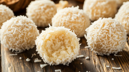 Enjoy these delightful coconut protein energy balls, perfect for a healthy snack or dessert. They are sweet, nutritious, and made with wholesome ingredients.の素材