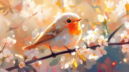 A charming bird perches on a blossom-laden branch, illuminated by soft sunlight, creating a serene and colorful scene perfect for nature enthusiasts.の素材