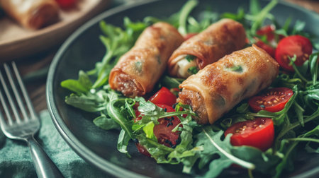 Tempting spring rolls served on a bed of fresh greens, accompanied by cherry tomatoes, offering a vibrant and healthy meal option perfect for any occasion.の素材