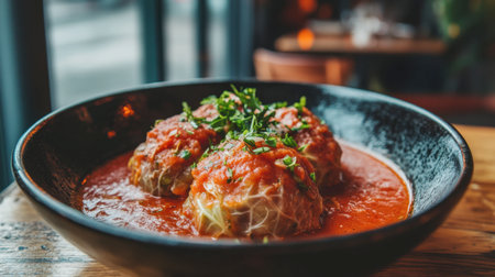 A delicious serving of cabbage rolls topped with fresh herbs in a rich tomato sauce, perfect for a comforting meal at any time of day.の素材