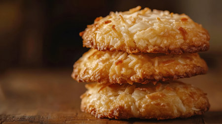 A delightful stack of golden coconut cookies resting on a rustic wooden surface, showcasing their crunchy texture and sweet flavor, perfect for any dessert lover.の素材