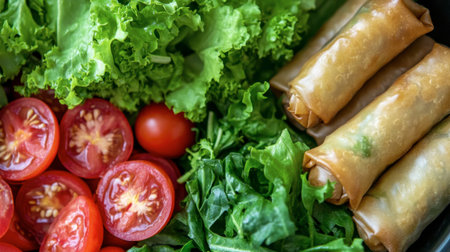 A vibrant assortment of fresh vegetables including lettuce, tomatoes, and spring rolls, perfect for healthy meal preparation and culinary inspiration.の素材