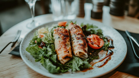 A delicious serving of stuffed rolls garnished with fresh lettuce and ripe tomatoes, perfect for any culinary occasion or dining experience.の素材