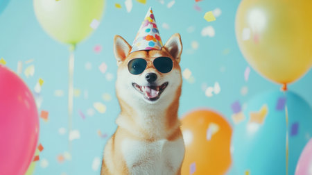 A joyful Shiba Inu wearing sunglasses and a party hat surrounded by colorful balloons and confetti, perfect for celebration themes and pet imagery.の素材