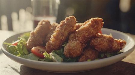 A tempting plate of crispy fried chicken nuggets served on a bed of fresh salad, featuring vibrant tomatoes and lettuce, ideal for a delicious meal.の素材