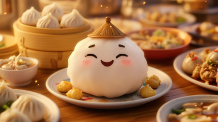 A joyful dumpling character with a smiling face sits on a plate, surrounded by various delicious dishes, showcasing a vibrant and inviting dining experience.の素材