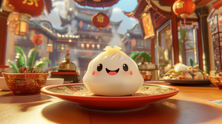 A cheerful animated dumpling character sits on a plate in a lively Asian restaurant. Lanterns and delicious dishes create a colorful and inviting atmosphere.の素材