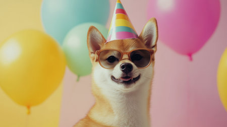 A cheerful dog wearing sunglasses and a festive hat, surrounded by colorful balloons, captures the essence of celebration and joy in a fun setting.の素材