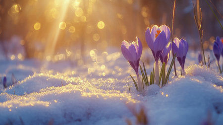 Delicate crocus flowers bloom through a blanket of snow, illuminated by warm sunlight. This serene spring scene captures the beauty of nature awakening.の素材