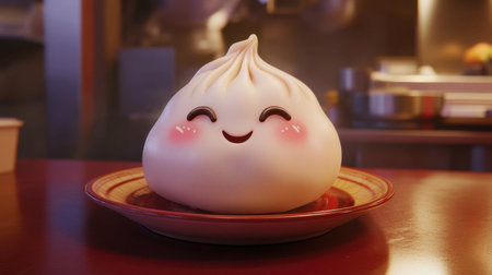 This adorable animated dumpling grins joyfully while resting on a plate, creating a warm, inviting atmosphere in a cozy restaurant setting.の素材