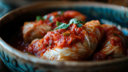 Mouthwatering stuffed cabbage rolls smothered in rich tomato sauce, garnished with fresh herbs. A comforting dish perfect for sharing and enjoying.の素材