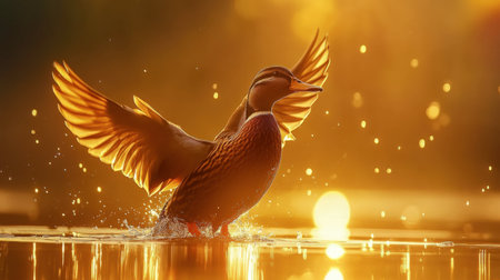 A stunning duck spreads its wings gracefully over a shimmering lake at sunset, capturing the beauty of nature in a moment of pure tranquility.の素材