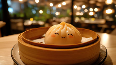 A delightful close-up of a cute dumpling with a smiling face in a bamboo steamer, set on a cozy restaurant table, creating a warm atmosphere.の素材