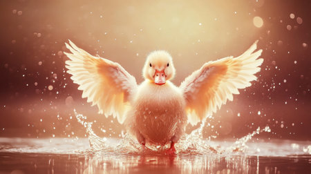 A delightful duckling spreads its wings in a serene pond, surrounded by a warm glow and shimmering water droplets, embodying innocence and joy.の素材