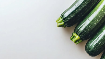 Fresh green zucchini displayed on a bright surface, perfect for highlighting its natural beauty and versatility in cooking. Ideal for healthy recipes.の素材