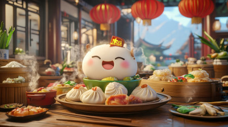 A charming dumpling character sits in a vibrant Asian market, surrounded by an array of delicious dishes. The scene captures joy and culinary richness.の素材