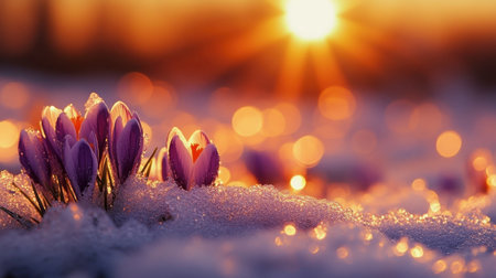 A stunning closeup of crocus flowers emerging from the snow, bathed in warm sunlight. The soft morning light enhances their vibrant colors and delicate petals.の素材