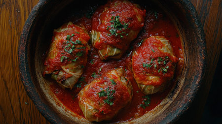A close-up view of savory cabbage rolls topped with rich tomato sauce and fresh herbs. Perfect for a comforting meal or dinner gathering with family.の素材