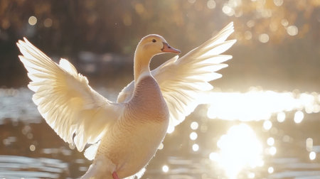 A beautiful bird gracefully spreads its wings over sparkling water, illuminated by soft sunlight. This serene scene captures the essence of nature's tranquility and beauty.の素材