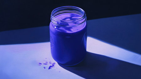 A vibrant purple beverage rests in a glass jar, illuminated by soft lighting and soft shadows, creating a serene and artistic composition.の素材