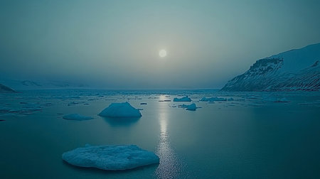 A stunning Arctic sunrise illuminates icy waters, creating a serene atmosphere. Soft colors reflect off the ice, evoking a sense of tranquility and beauty in nature.の素材