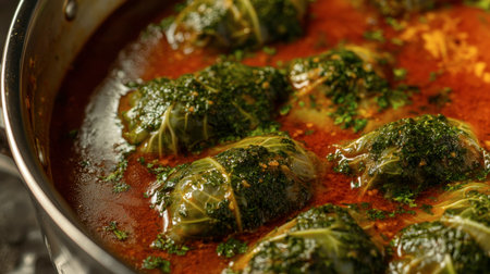A close-up view of flavorful cabbage rolls simmering in rich tomato sauce, garnished with vibrant herbs. Perfect meal for any occasion.の素材