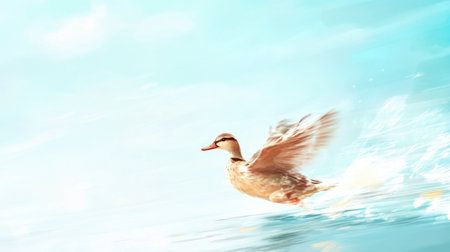 A graceful duck takes flight over calm water, creating a serene scene against a vibrant blue background. This picturesque image captures the beauty of nature.の素材